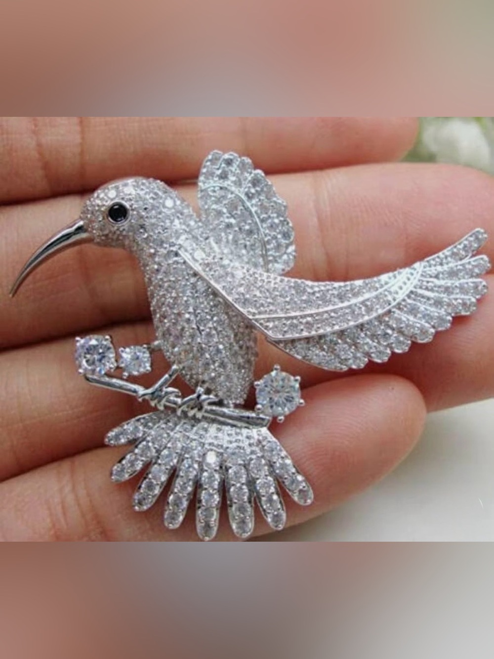 Silver Crystal Hummingbird Pin Brooch - Silver